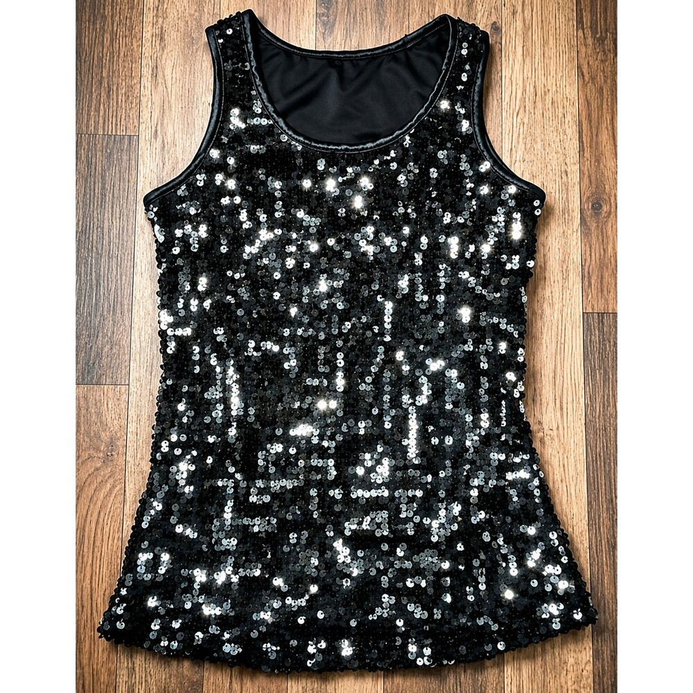 BALERA Black Sequin Tank Top Womens Small Stretch Dance Club Glam